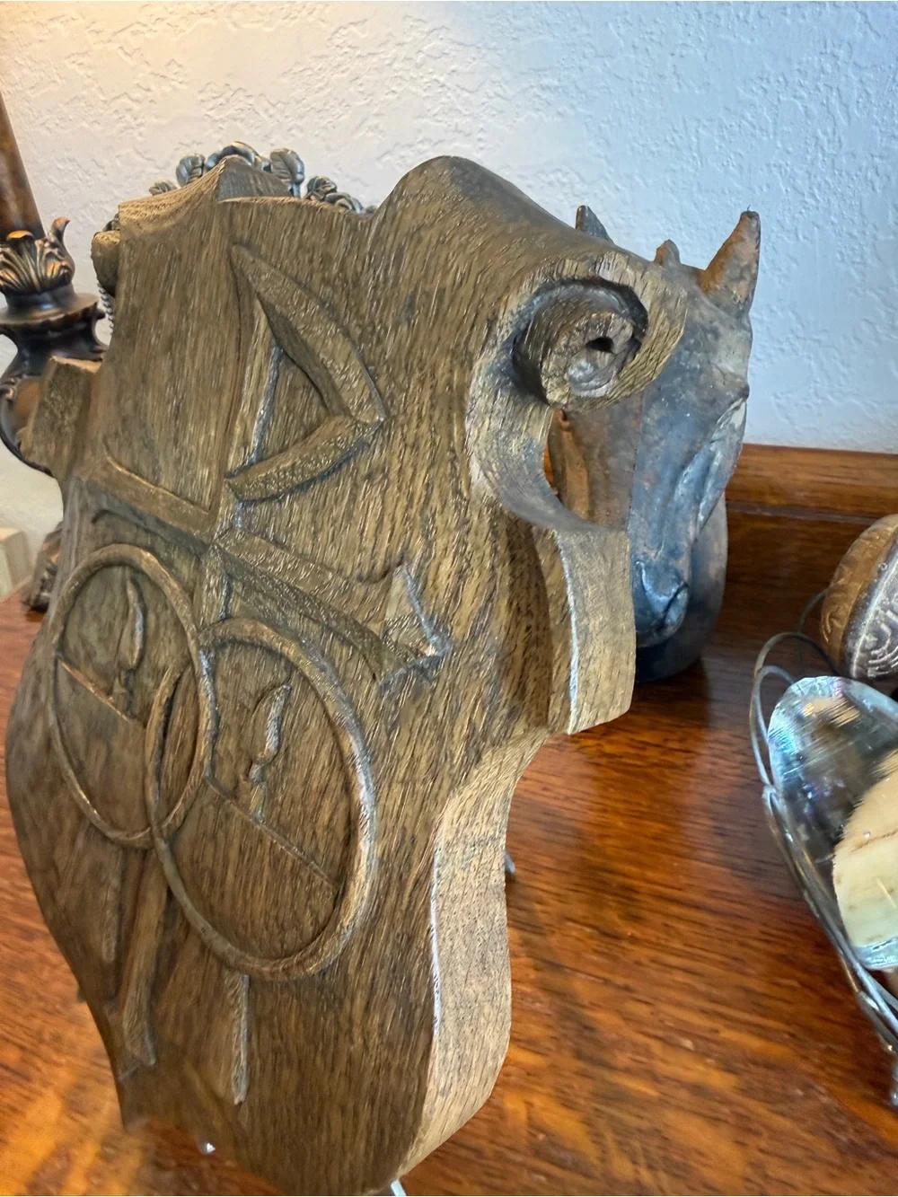 OOAK Vintage Hand-Carved Wood Shield Wall Plaque Wedding Symbols Chi Rho